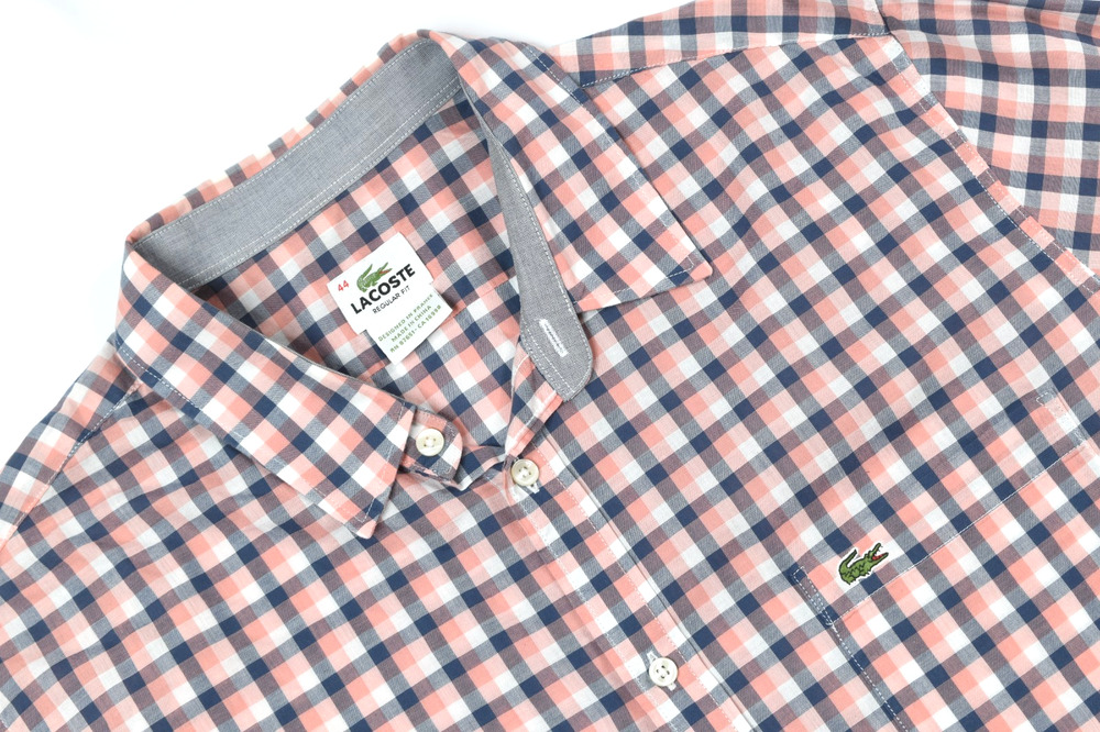 Lacoste Shirt Mens 44 Pink Gray Plaid Long Sleeve Button-Up Cotton Regular Fit